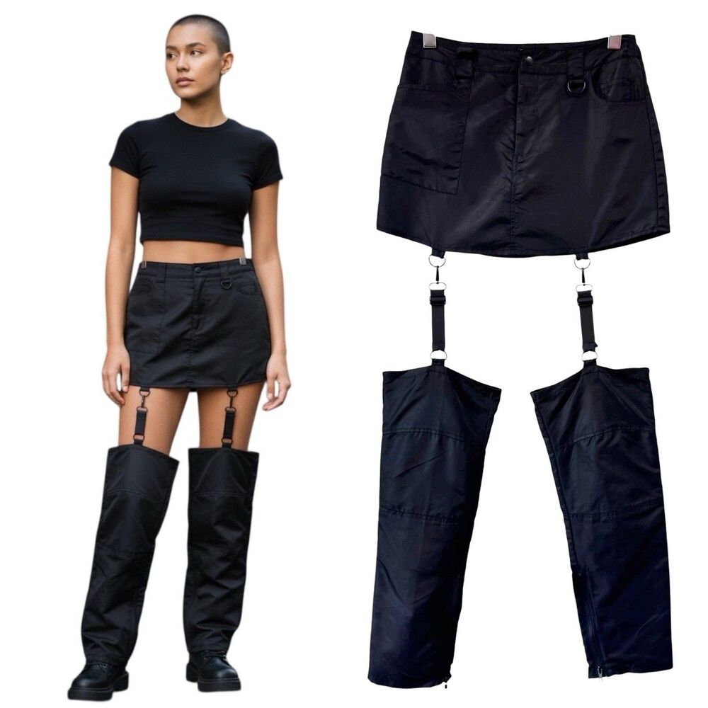 Dolls Kill Current Mood Black Mini Skirt With Pant Legs Covers Medium PRISTINE